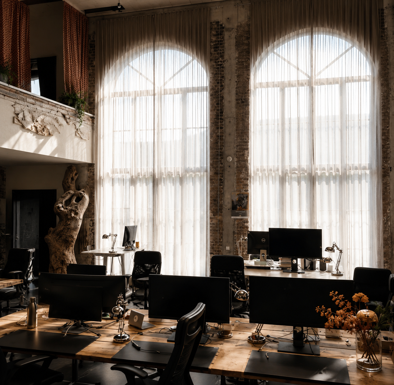 Finished sheer linen curtains framing arched factory windows