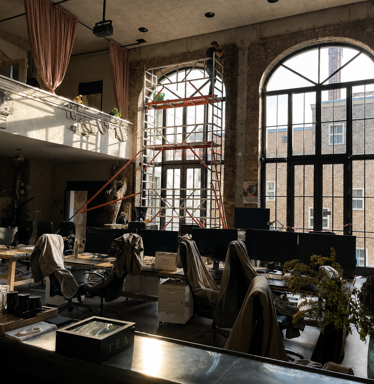 Loft window installation in progress — scaffolding, arched windows