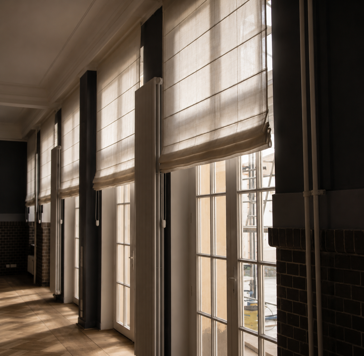 Sheer linen Roman blinds filtering daylight through tall factory windows