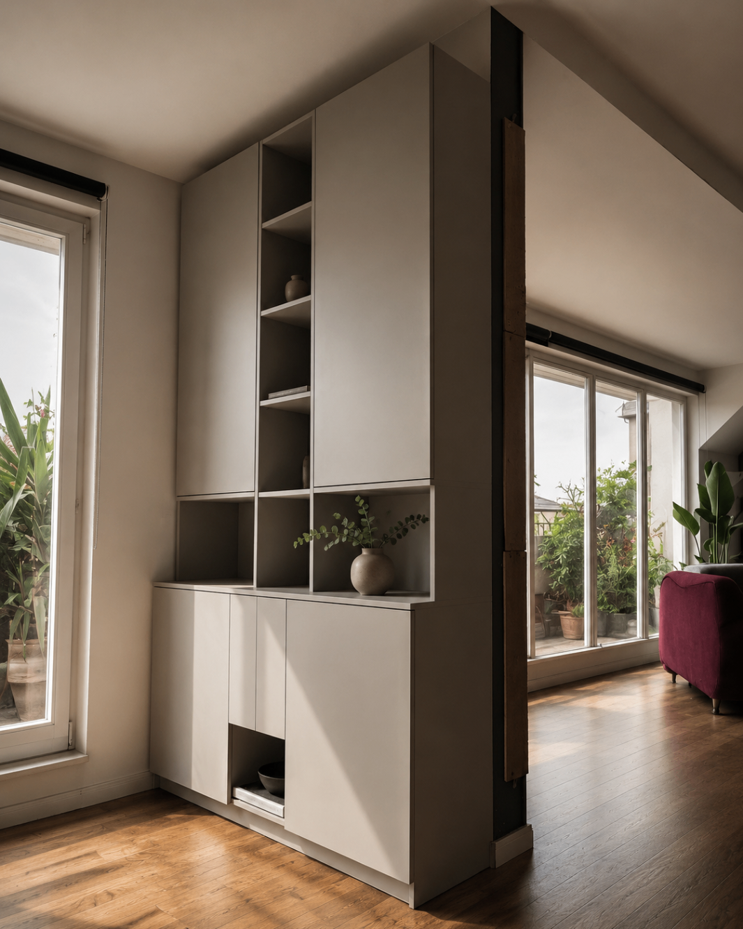 Tall warm-grey shelving volume used as a room divider between living zones