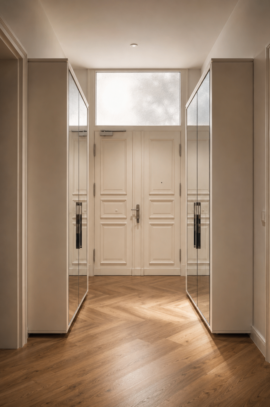 Pair of mirrored entrance wardrobes framing a classical doorway with herringbone timber floors