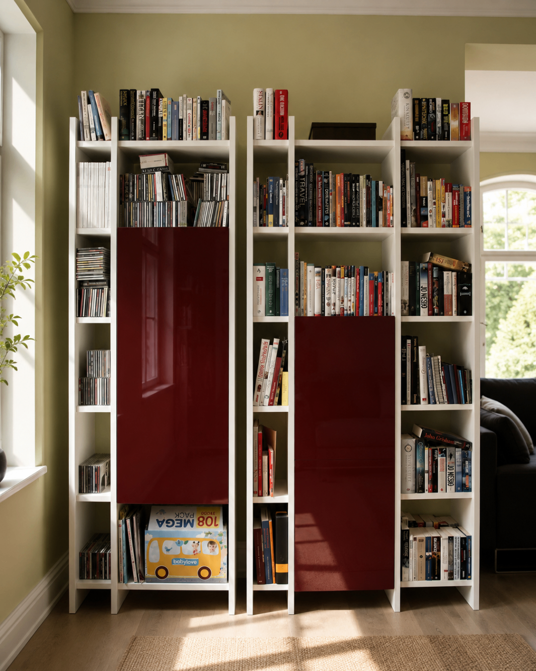 White bookcase composition with deep burgundy lacquered doors and curated shelves