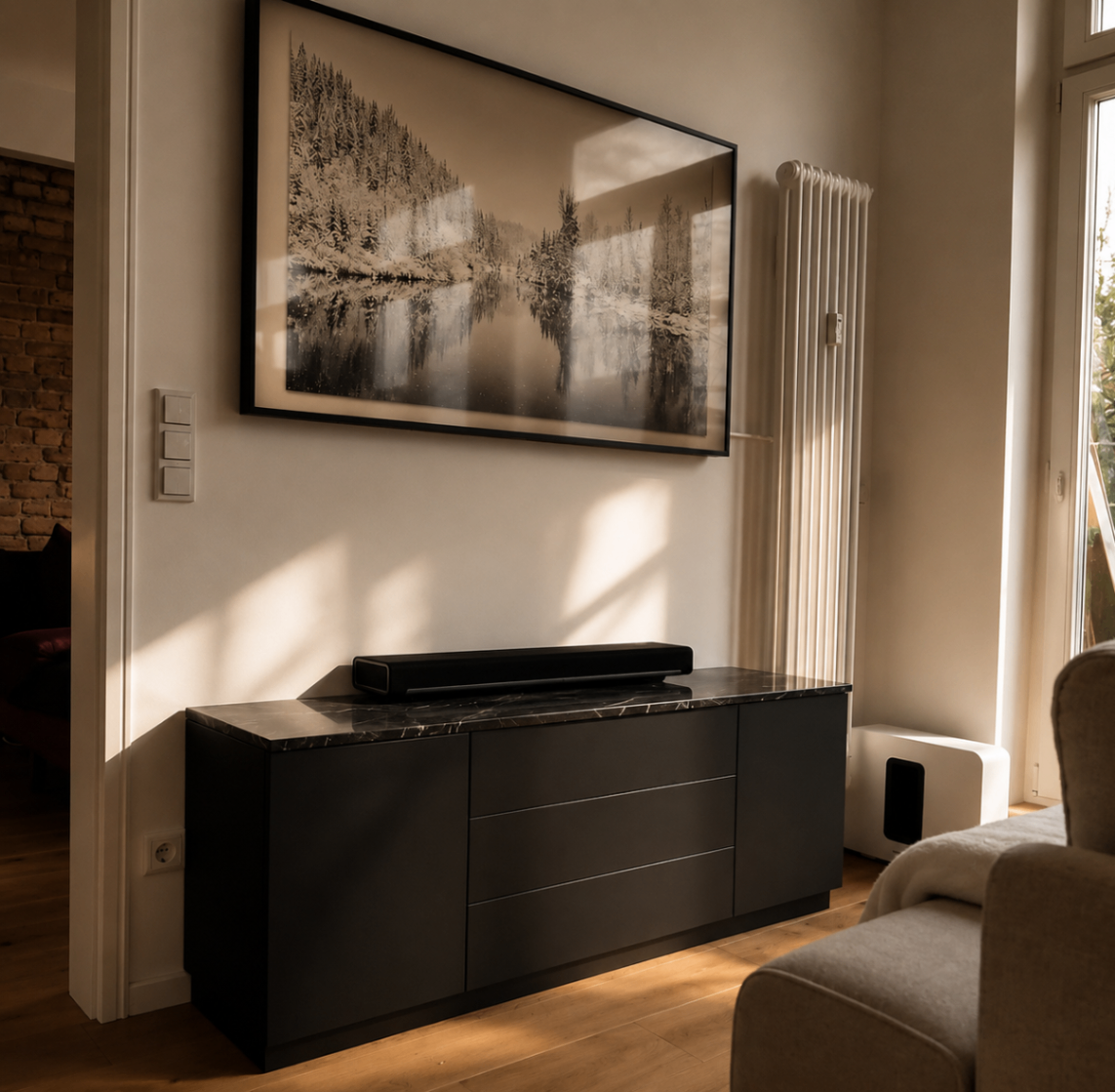 Dark media console with stone top under framed artwork in warm daylight