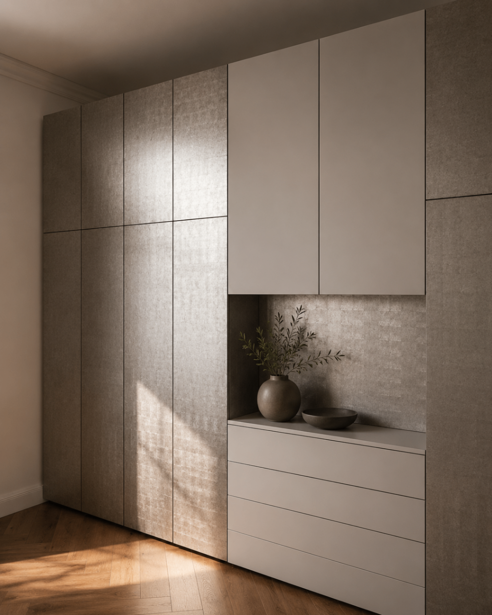 Tall textured wardrobe wall in warm grey tones with integrated drawers and styling niche